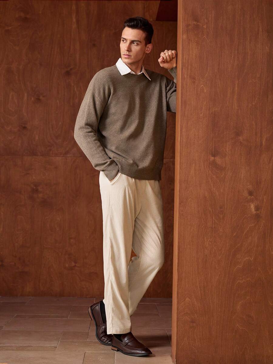 男士简约休闲宽松复古保暖毛衣，适合秋冬季节穿着，复古风格 - 棕色 - 查看 1