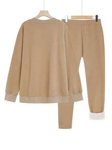 EMERY ROSE Set de 2 piezas de chaqueta y pantalones de tela polar con estampado floral de talla grande, para otoño/invierno - Marrón - Ver 2