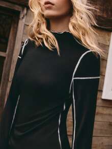 SHEIN Unity 女士套头卫衣，撞色缝线设计，修身款 - 黑色 - 查看 6