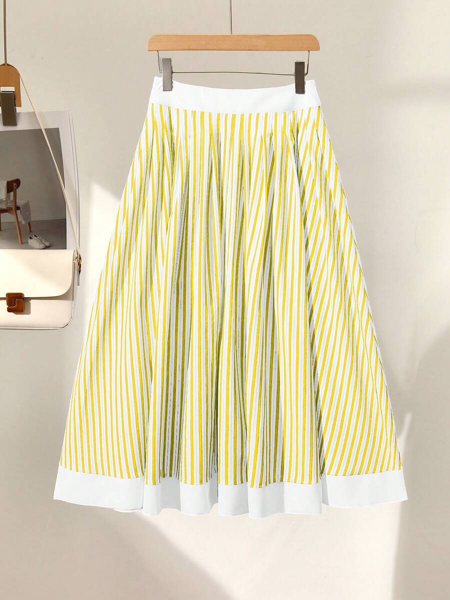 Franclia Women Striped High Waist A-Line Versatile Skirt, Suitable For Commuting And Vacation Fall Cloth For Women - Yellow - View 1