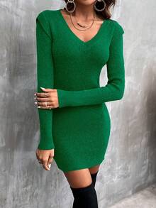 EMERY ROSE Women's Casual V-Neck Long Sleeve Fitted Knit Sweater Dress, Autumn/Winter