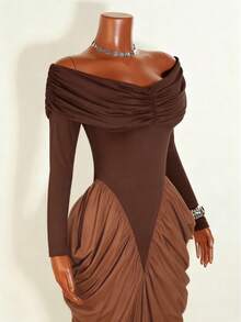 Franclia Váy nữ thanh lịch eo nhún tương phản đen trắng - Cà phê nâu - Xem 5