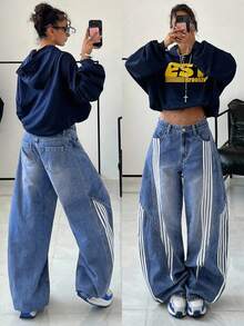 StreetHx Women's High Waist Pocketed Striped Flared Leg Casual Jeans - Medium Wash - View 6