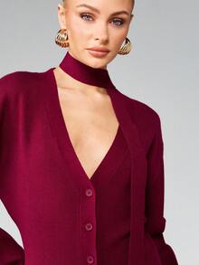 MISSGUIDED Burgundy Structured Curved Sleeve Cardigan With Mock Neck Scarf Detail Fall Winter Knitwear - Hot Pink - View 5