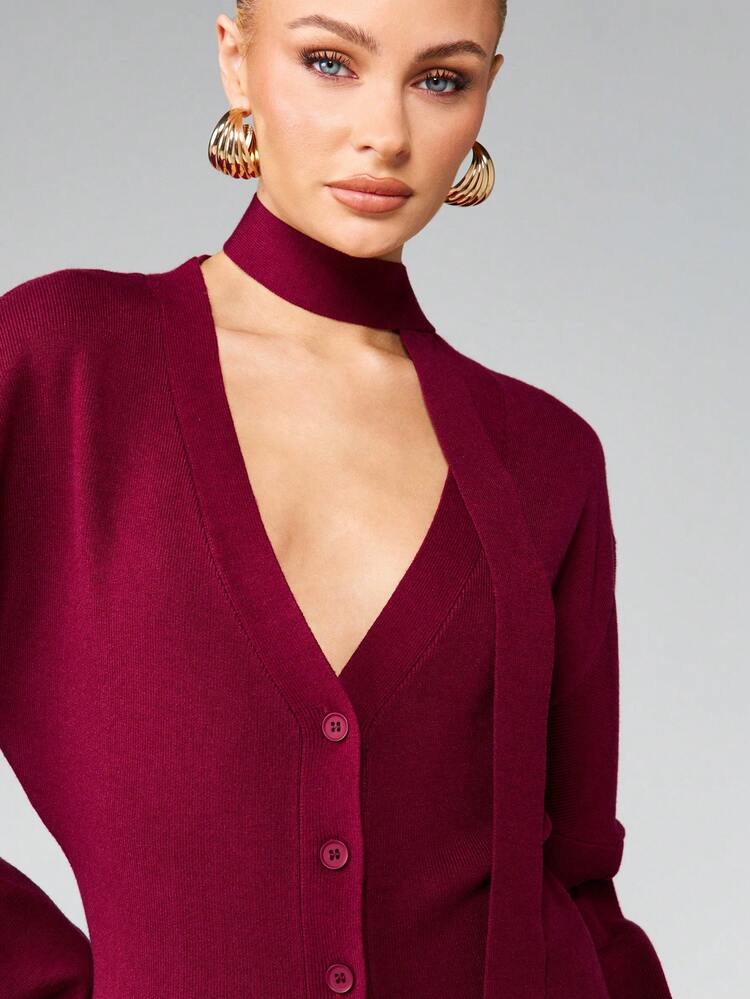 MISSGUIDED Burgundy Structured Curved Sleeve Cardigan With Mock Neck Scarf Detail Fall Winter Knitwear
