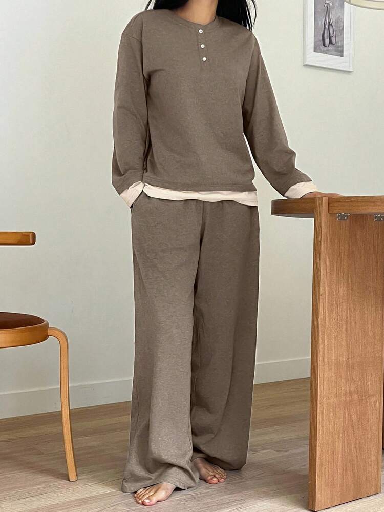 Women's Autumn/Winter Minimalist Color Block Knit Long Sleeve Top And Pants 2 Pieces Pajama Set