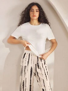 Ocili 100% 纯棉柔软 T 恤和裤子睡衣套装，舒适休闲时尚女士秋季服装 - 黑與白 - 查看 5