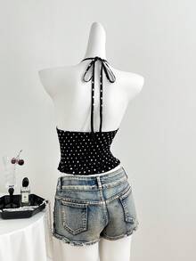 Elamini Váy hai dây chữ A cổ điển họa tiết chấm bi ren ôm eo dành cho nữ - màu đen - Xem 2