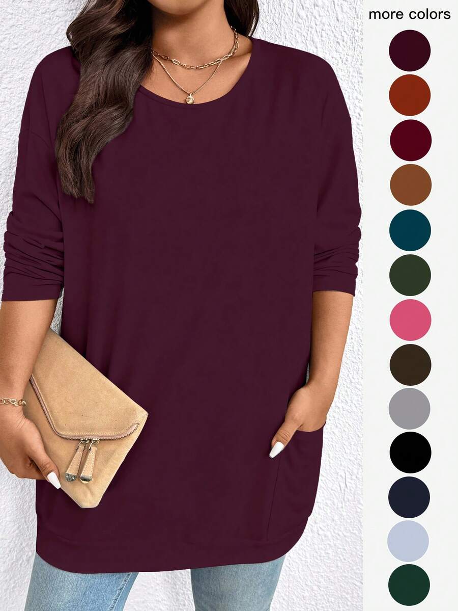 EMERY ROSE Camiseta casual de talla grande de unicolor con doble bolsillo, versátil para el otoño - Morado - Ver 1