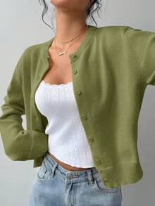 SHEIN BASICS 休闲纯色圆领长袖宽松短款女式开衫毛衣，保暖舒适，时尚百搭，适合日常通勤，奶油黄上衣，秋冬季必备 - 軍綠色 - 查看 6