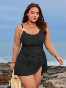 Swim Lushoire Plus Size Women 2 Pieces Swimsuit With Ruched Waist, Starfish Metal Decor, Side Tie Skirt, Suitable For Beach, Pool, Vacation - Black - View 4