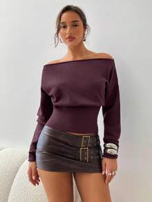 Aloruh Women's Chic Dark Purple Asymmetrical Exposed Shoulder Long Sleeve Tight Ribbed Sweater,Autumn Winter Clothes,Night Out Fall Clothes For Women - Purple - View 3