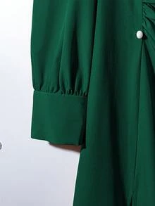 Franclia Vestido elegante de mujer de unicolor con cuello redondo, volantes y manga larga - Verde Oscuro - Ver 3