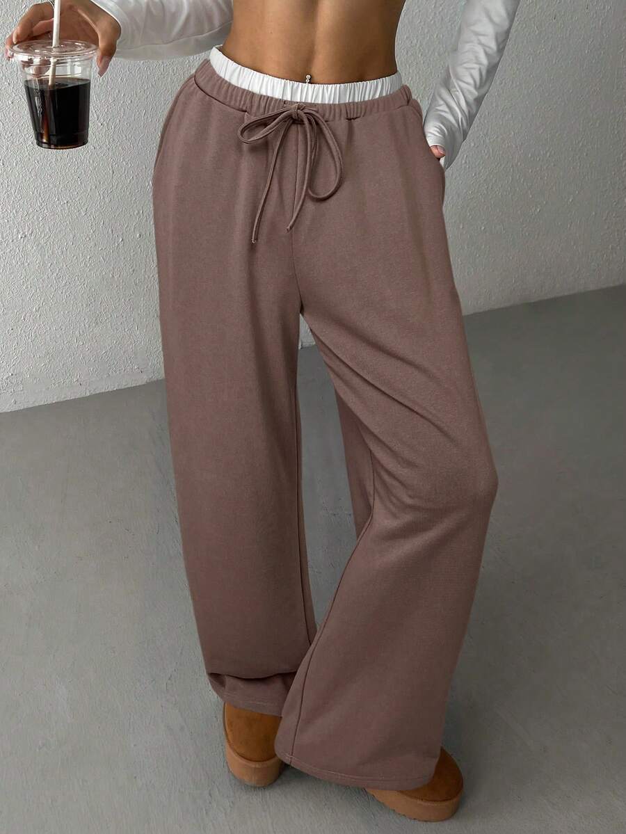 SHEIN EZwear 咖啡棕色针织女式休闲阔腿运动裤 - 咖啡棕 - 查看 1