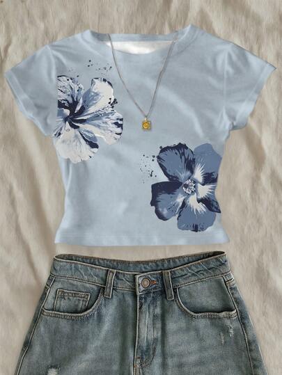 INAWLY ชุดวันหยุด สไตล์หรูหรา พิมพ์ลวดลายดอกไม้สีน้ำเงิน เสื้อยืดเอวรัดสตรีใส่สบาย เหมาะสำหรับฤดูใบไม้ผลิและฤดูร้อน, เสื้อยืดสบายๆ ของขวัญวันหยุด, ของขวัญให้กับพี่น้อง, ของขวัญให้กับพี่สาว, ของขวัญให้กับแม่, เสื้อยืดแฟชั่นเรียบง่าย