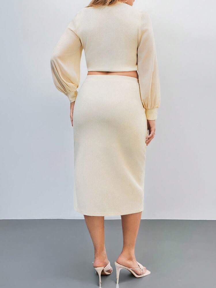 Plus Size Women Solid Color Round Neck Lantern Sleeve Cropped Top And Side Slit Hem Midi Skirt 2 Piece Set