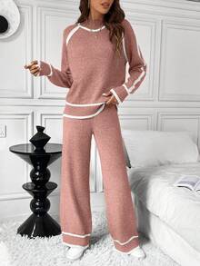SHEIN LUNE 2pcs Women Casual Loose Contrast Color Sweater Set - Red - View 4