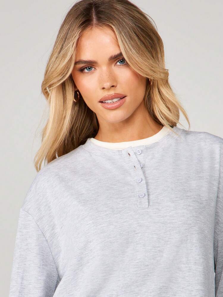 MISSGUIDED Button Through Long Sleeve Top With Crew Neck For Fall Winter Casual Everyday Wear