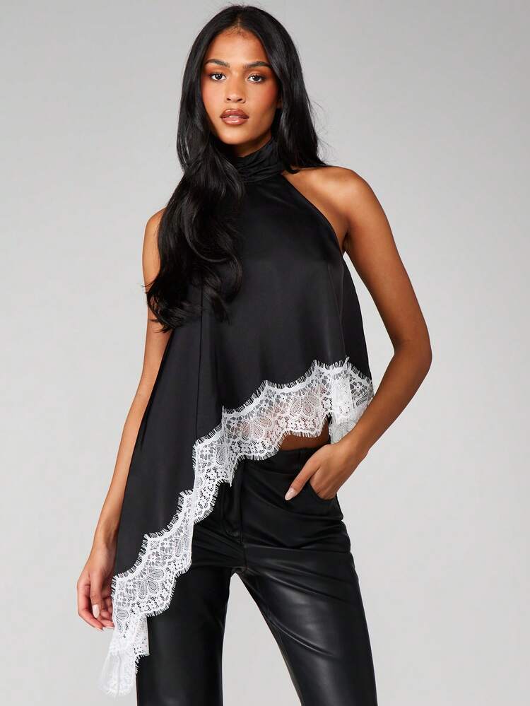 MISSGUIDED Débardeur à encolure ras-du-cou avec détail d'ourlet en dentelle festonnée pour soirée
