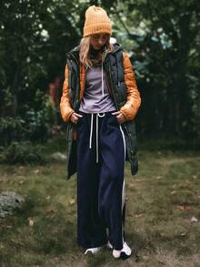 Medorelle Pantalon ample décontracté à jambes larges avec taille contrastée, cordon de serrage et rayures latérales, doublé thermique pour femmes en automne/hiver - Bleu marine - Voir 3