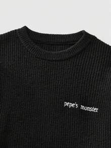 ROMWE MEN Street Life Herren Pullover mit Buchstaben-Stickerei, Kontrast-Farben, Rundhalsausschnitt, Langarm, Lässig Minimalist, Herbst/Winter - Schwarz - Übersicht 3