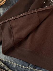 SHEIN EZwear Women's Casual Printed Rhinestone Fuzzy Hooded Sweatshirt, Autumn/Winter Brown Sweatshirt Embroidered Sweatshirt - Chocolate Brown - View 5