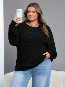 SHEIN CURVE+ 加大码纯色弹力罗纹针织加大码女式毛衣秋冬装