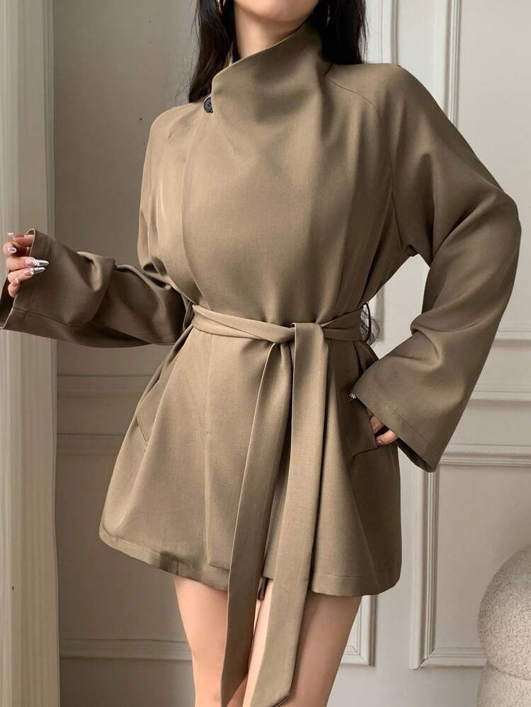 Celisse Damen Einfarbiger Stehkragen Loser Trenchcoat - Khaki - Übersicht 7