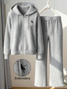 Regalyn Plus Size Women's Hot Selling Solid Color Long Sleeve Ribbed Fleece Hooded Zip-Up Cardigan + Loose Ribbed Fleece Drawstring Waist Pants, Casual Outgoing Elegant Style With Embroidered Chest, 2 Pieces Set