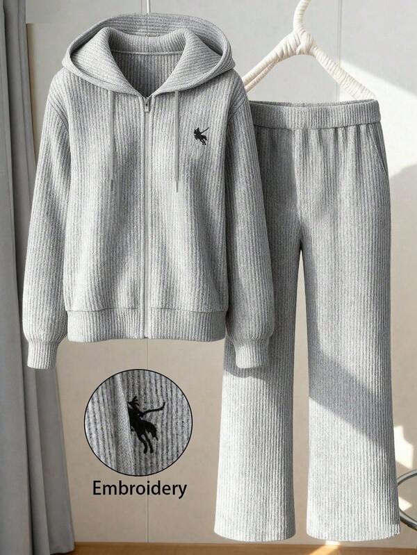 Regalyn Plus Size Women's Hot Selling Solid Color Long Sleeve Ribbed Fleece Hooded Zip-Up Cardigan + Loose Ribbed Fleece Drawstring Waist Pants, Casual Outgoing Elegant Style With Embroidered Chest, 2 Pieces Set