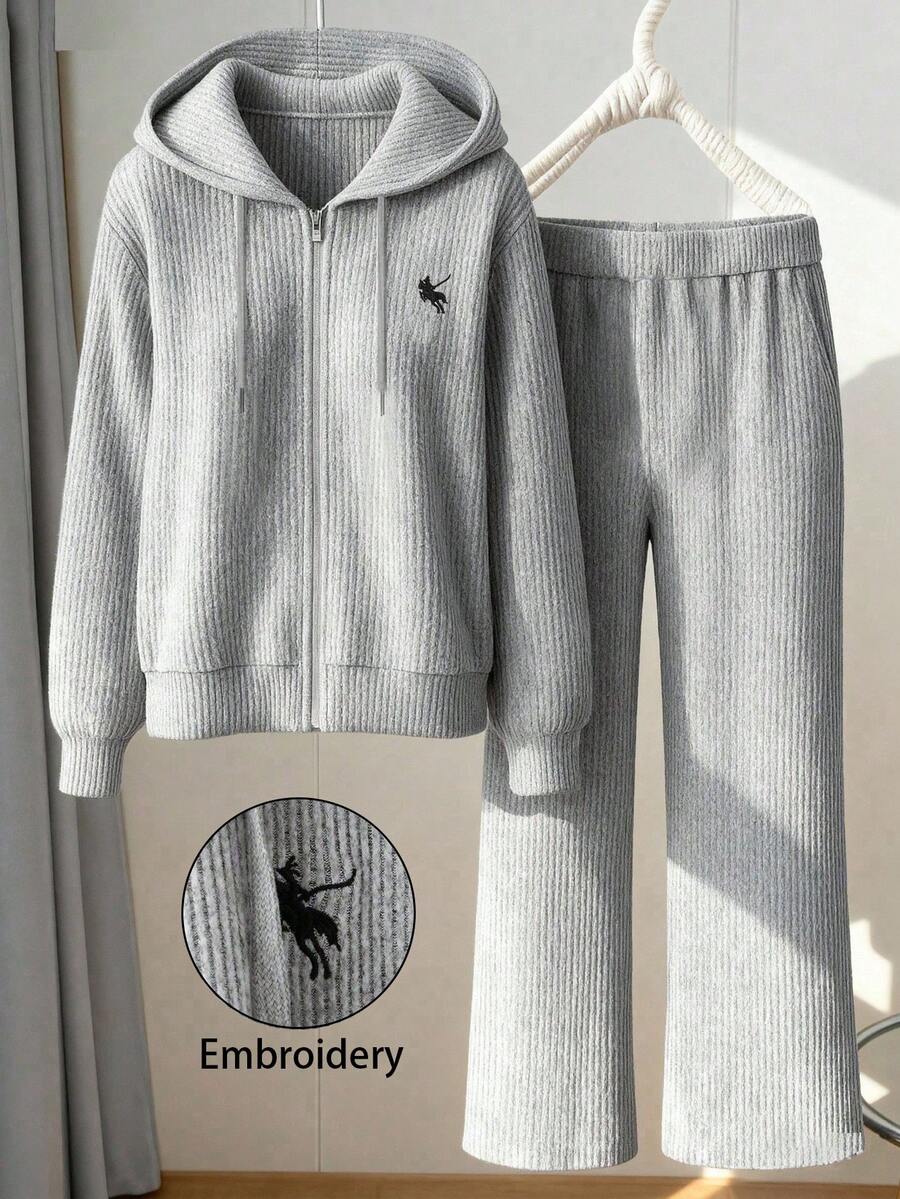 Regalyn Plus Size Women's Hot Selling Solid Color Long Sleeve Ribbed Fleece Hooded Zip-Up Cardigan + Loose Ribbed Fleece Drawstring Waist Pants, Casual Outgoing Elegant Style With Embroidered Chest, 2 Pieces Set