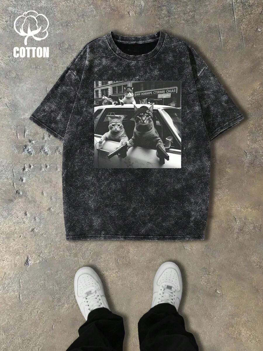 Manfinity Dauomo 男士休闲猫咪印花短袖T恤，夏季 - 黑色 - 查看 1