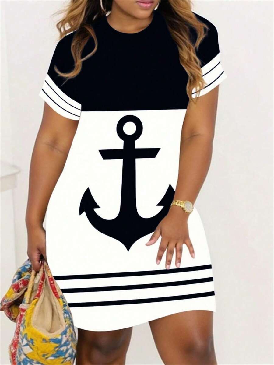 SHEIN LUNE Vestido ajustado casual de manga corta y cuello redondo con estampado de ancla, océano y verano, tallas grandes, para mujeres