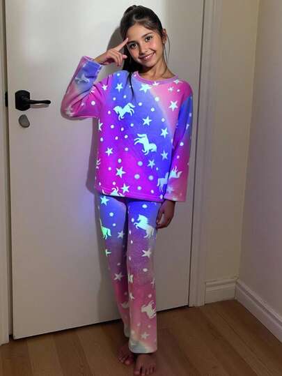 SHEIN Tween Girls' Autumn/Winter Plush Coral Fleece Pajama Set, Cute Cartoon Unicorn, Star & Tie-Dye Print, Reflective Print, Soft & Comfortable, Cozy Flannel Homewear, 2 Pieces Sleepwear Set Fall