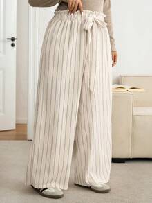 SHEIN Frenchy Pantalones anchos de talla grande para mujer con cordón, estilo casual y de rayas sueltas - Multicolor - Ver 3
