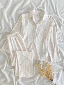 Conjunto de Roupas de Descanso com 2 Peças, Cardigã Decorado com Laço Rosa e Branco Listrado Elegante e Calça de Fleece Macia para Meninas Pré-Adolescentes