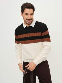 Manfinity CityGents Men's Contrast Color Crew Neck Casual Long Sleeve Pullover Sweater, Autumn/Winter Mens Cable Knit Sweater Brown Sweater Men  Men Sweater Top Men Buttoned Knitted Polo - Multicolor - View 4