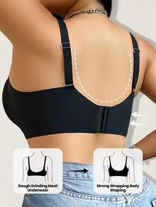 大码无缝无钢圈文胸，柔软支撑，宽肩带，舒适简约设计，一体式 - 黑色 - 查看 2