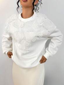 Gloray Women's Oversized Crew Neck Drop Shoulder Long Sleeve Sweatshirt With Applique Decor - White - View 7