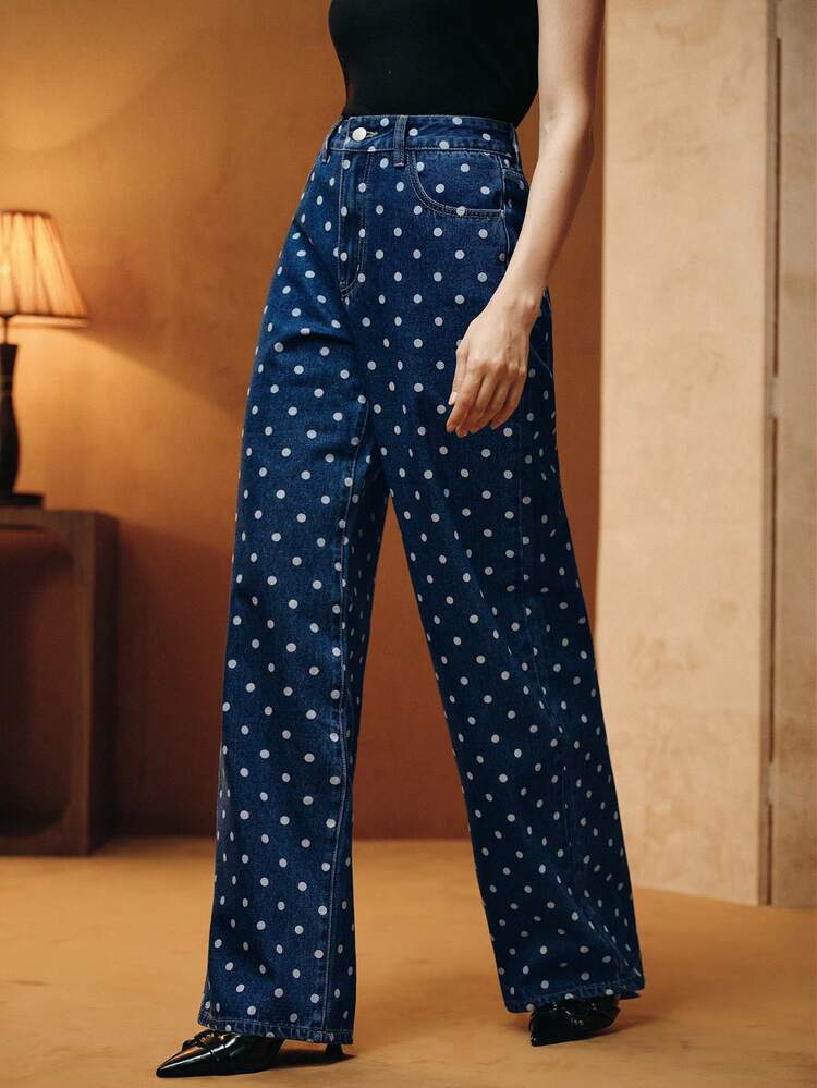 Jeans amples et décontractés à jambes larges avec poches et motif à pois pour femmes