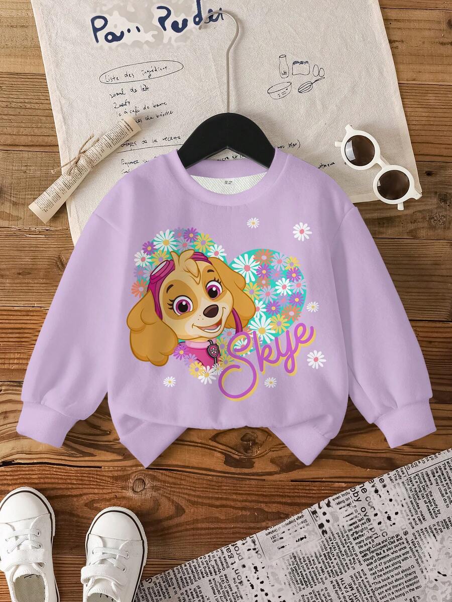 SHEIN | PAW Patrol Young Girl Cartoon Pattern Crew Neck Long Sleeve Thermal Pullover Sweatshirt - White - View 1