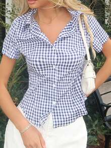 Sydney Algeri Retro Hong Kong Style Mini Plaid Waisted Slim All-Match Versatile Polo Collar Women Short Sleeve Shirt, Spring/Summer - Blue and White - View 6