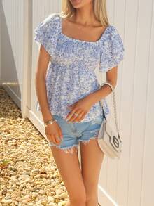 Sydney Algeri Women's Floral Print Ruffle Hem Short Sleeve Vacation Fashion Blouse - Blue - View 6