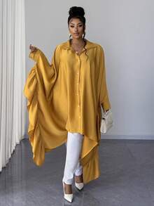 Maweii Plusstorlek damblus med enkelknäppt volang och fladdermusärm, lös mode - Gul - Visa 4