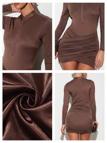 Nuvra 女式长袖紧身双层塑身连衣裙，带衬里，收腰，提臀，迷你瘦身连衣裙 - 棕色 - 查看 3