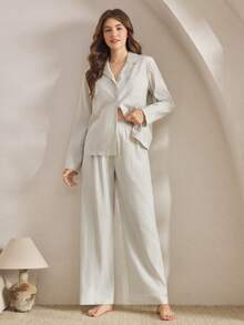 Ocili Set de pijamale din in cu dungi și guler cu nasturi, confortabil, mânecă lungă și pantaloni, toamnă elegantă