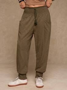 Freevana 大码女式纯色荷叶边腰抽绳口袋锥形休闲裤 - 軍綠色 - 查看 3