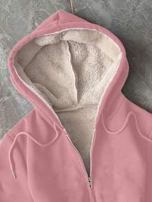 Rina Fox Áo khoác nỉ trùm đầu có khóa kéo màu trơn mới dành cho nữ - Hồng - Xem 3