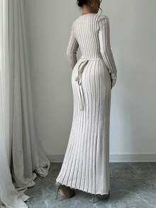 Selianne Vestido de suéter largo de unicolor acanalado para mujer - Albaricoque - Ver 2