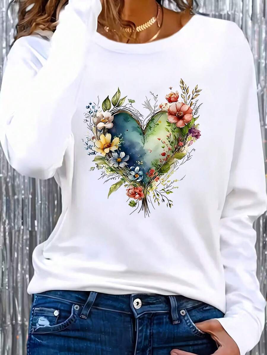 EMERY ROSE Women's Heart & Floral Print Crew Neck Long Sleeve T-Shirt, Valentine's Day - White - View 1